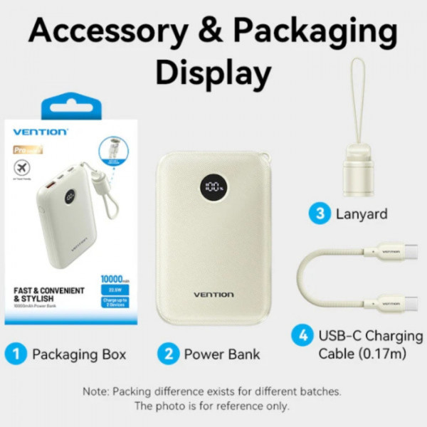 Фото - Батарея мобильная Vention 10000mAh 22,5W Fast Charging, USB-A, 2xUSB-C, with built-in USB-C cable, Blue (FKAL0-C)