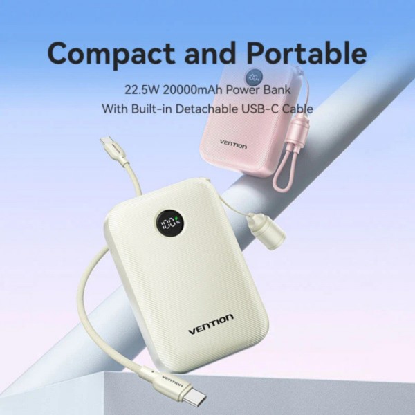 Фото - Батарея мобильная Vention 20000mAh 22,5W Fast Charging, USB-A, 2xUSB-C, with built-in USB-C cable, Beige (FKBN0-C)