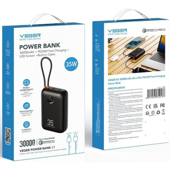Фото - Батарея мобильная Veger K3 Built-in Cables PD 35W 30000mAh Black W3018 (6977525750137)