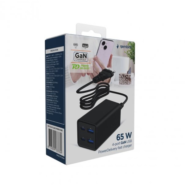 Фото - Сетевое зарядное устройство Gembird 2xUSB-A QC3.0 30W+2xType-C PD 65W Black (TA-UC-2A2C-PD65-01-BK)