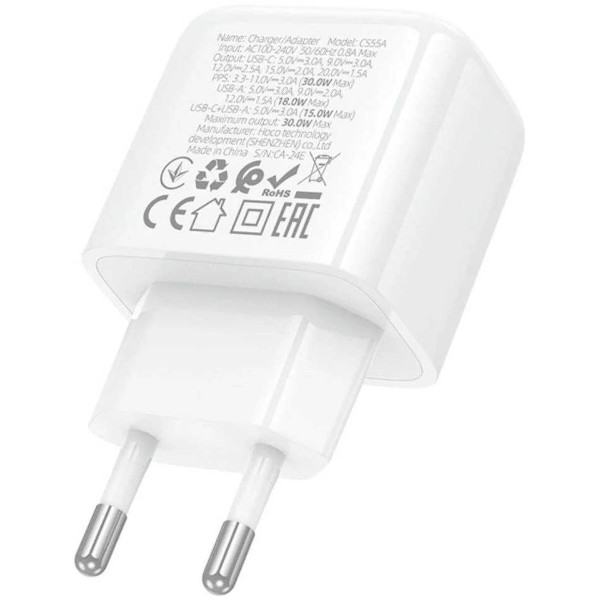 Фото - Мережевий зарядний пристрій HOCO CS55A Surplus PD30W+QC3.0 charger White (6942007631549)