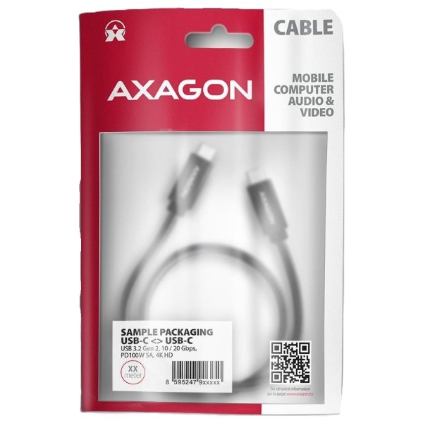 Фото - Кабель AXAGON USB-C 3.2 Gen 2, 2m, PD 100W, 5A, 4K HD, Black (BUCM32-CM20AB)