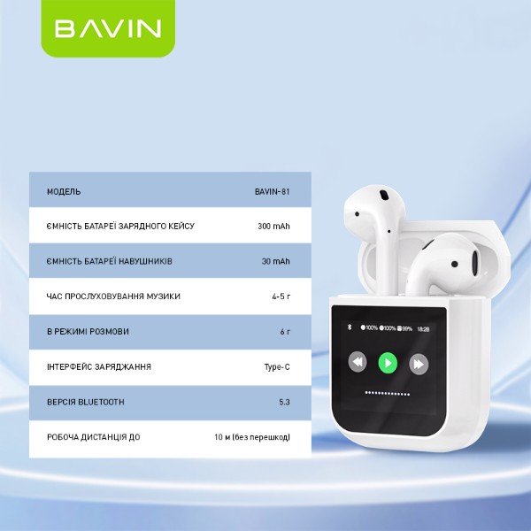 Фото - Навушники вкладиші бездротові TWS Bavin Hi-Res LCD TOUGH White (HB-BA-81-WH)