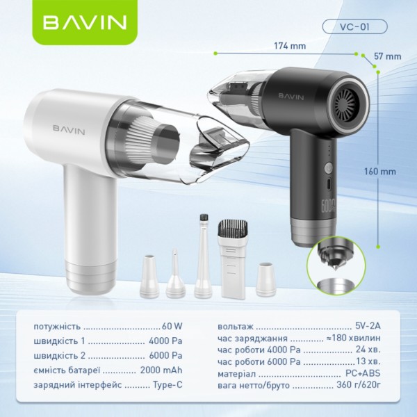 Фото - Автомобільний пилосос Bavin VC-01 6000Pa 2000mAh White (Z-VC01 WH)
