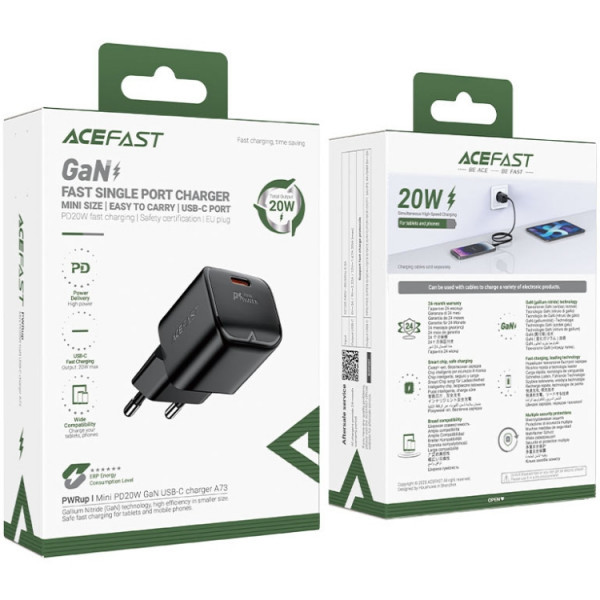 Фото - Мережевий зарядний пристрій AceFast USB-C 20W Gan A73 mini Fast Charger Black (6974316282648)