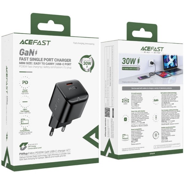 Фото - Сетевое зарядное устройство AceFast USB-C 30W Gan A77 mini Fast Charger Black (6974316282662)