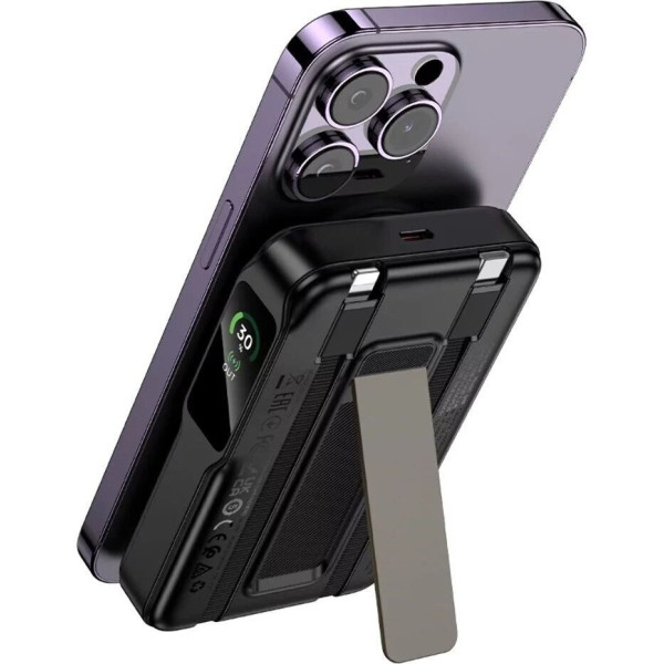 Фото - Батарея мобильная HOCO Q48 Core PD20W Magnetic з каб. Type-C + Lightning и подставкой 10000 mAh Black (715108)