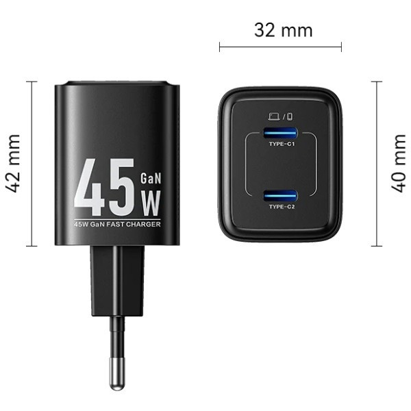 Фото - Мережевий зарядний пристрій Vention 45W 2xUSB-С GaN Black (FEFB0-EU)