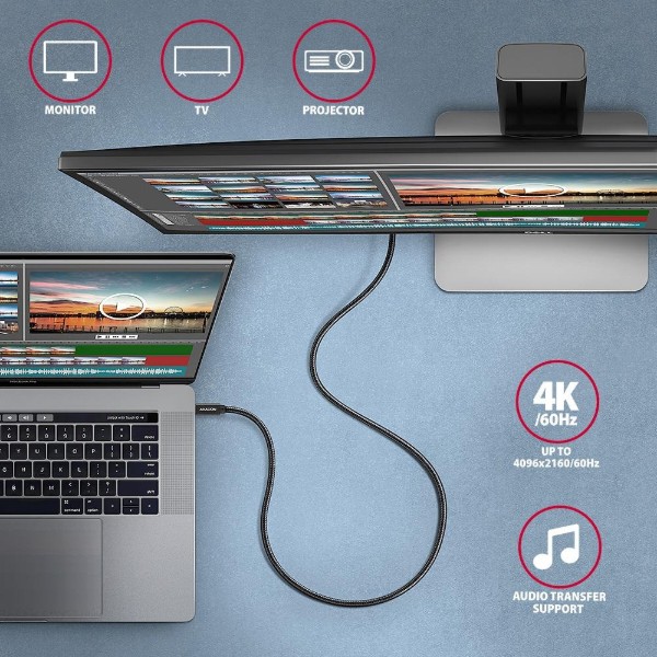 Фото - Кабель AXAGON USB-C 3.2 Gen 2, 2m, PD 100W, 5A, 4K HD, Black (BUCM32-CM20AB)