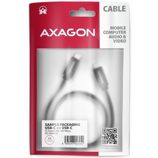Фото - Кабель AXAGON USB-C 2.0, 2.5m, PD 240W 5A, Black (BUCM2-CM25AB)