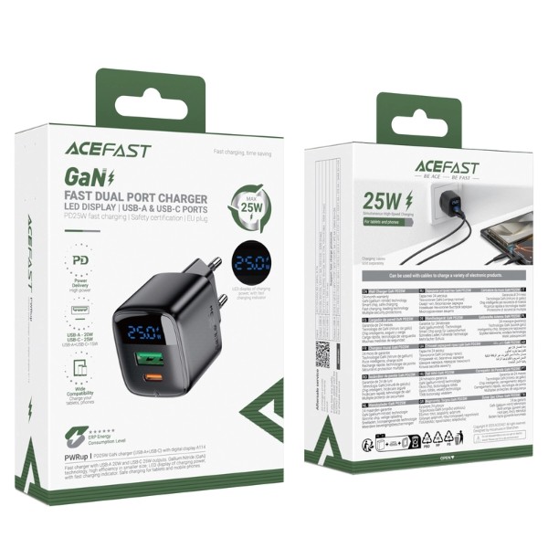 Фото - Сетевое зарядное устройство AceFast A114 PD25W GaN charger USB-A+USB-C Black (6974316284437)
