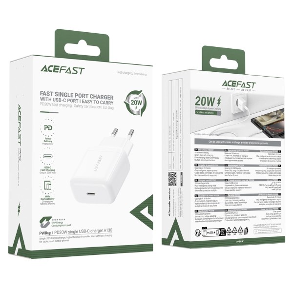 Фото - Сетевое зарядное устройство AceFast A130 PD20W single USB-C charger White (6974316284659)