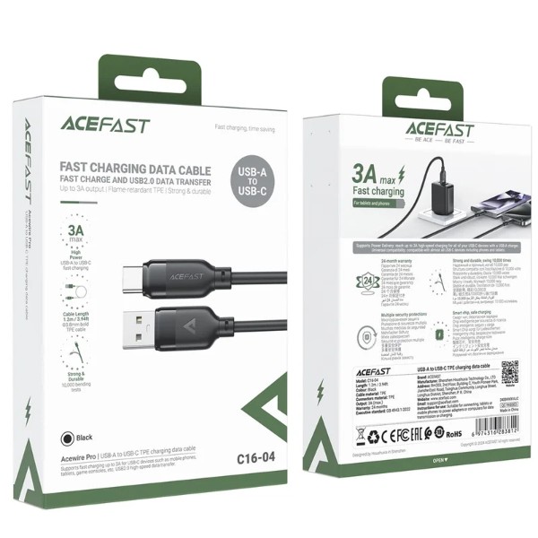 Фото - Кабель AceFast C16-04, USB to Type-C, 3A, 1.2m Black (6974316283812)