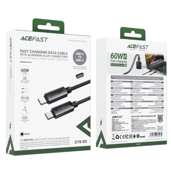 Фото - Кабель AceFast C19-03, Type-C to Type-C, 60W, 1.2m Black (6974316284475)