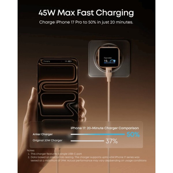 Фото - Сетевое зарядное устройство Anker Nano Charger - 45W USB-C Smart Display Black (A121DG11)