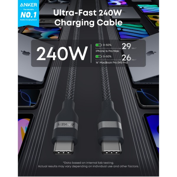Фото - Кабель Anker USB-C to USB-C - 1.8m 240W Upcycled-Braided Black (A82E2H12)