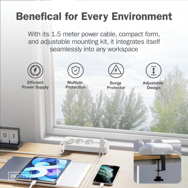 Фото - Мережевий фільтр Assmann 3р 1.5m 2x USB-A + USB-C 30W White (DA-70626)