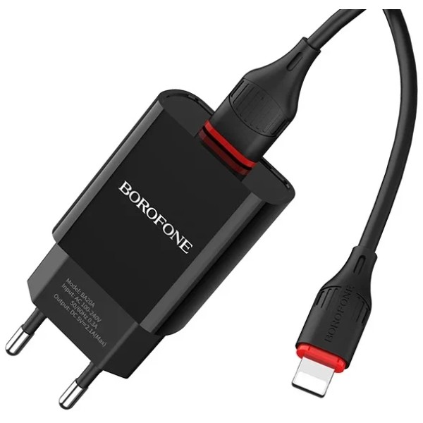 Фото - Сетевое зарядное устройство BOROFONE BA20A Lightning 10.5W Black (6931474702128)