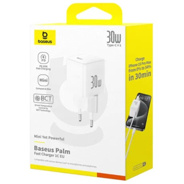 Фото - Сетевое зарядное устройство Baseus Palm Fast Charger 1C 30W EU Moon White (P10111605213-00)