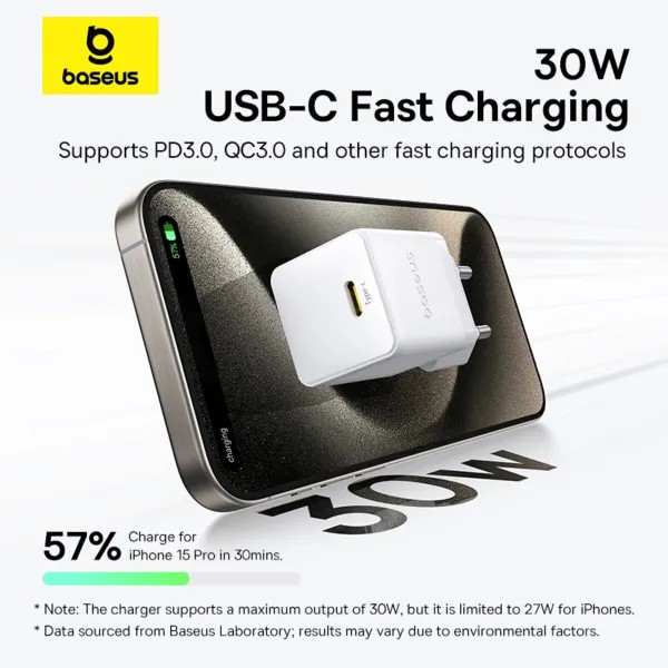 Фото - Сетевое зарядное устройство Baseus Palm Fast Charger 1C 30W EU Moon White (P10111605213-00)