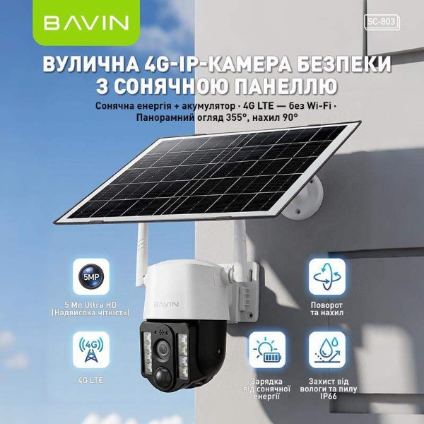 Фото - IP-камера Bavin SC-803 4G IP66 с солнечной панелью 8 Вт +аккумулятором 8000 mAh White (SC-803 WH)