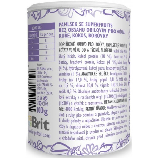 Фото - Ласощі для котів Brit Care Superfruits Kitten з куркою кокосом та чорницею 100 г (8595602521425)