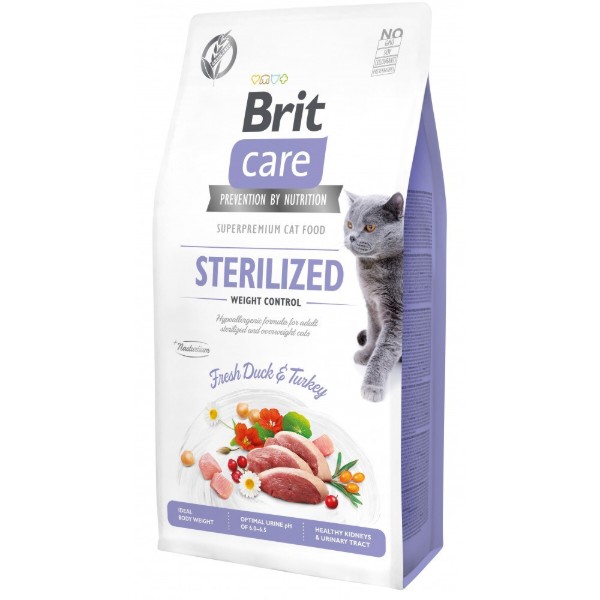 Фото - Сухий корм для котів Brit Care Cat Grain Free Sterilized Weight Control для стерилізованих з надмірною вагою з качкою та індичкою 7 кг (8595602540785)