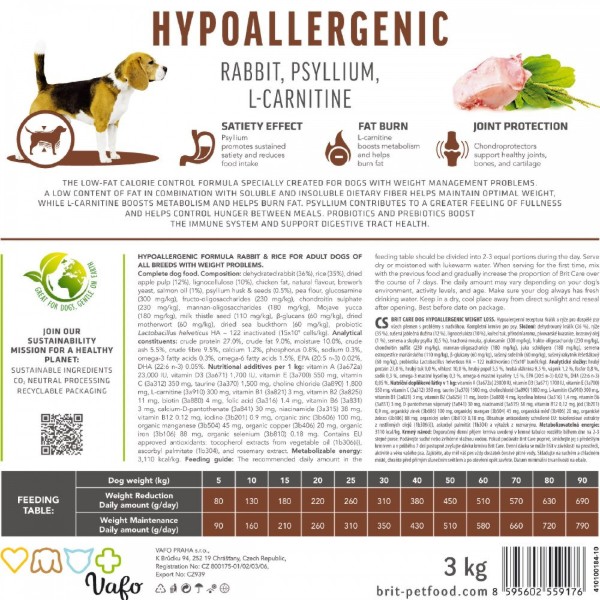 Фото - Сухой корм для собак Brit Care Dog Hypoallergenic Weight Loss с кроликом 3 кг (8595602559176)