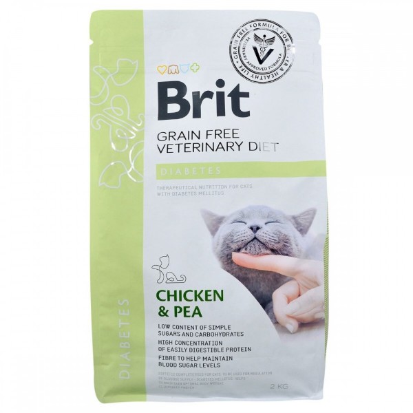 Фото - Сухий корм Brit VetDiets GF для кішок дорослих при діабеті і гіперглікемії c куркою та горохом 2 кг (8595602528523)