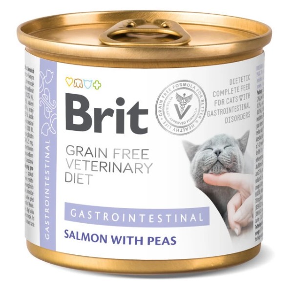 Фото - Паштет для кошек Brit VetDiets Grain Free Veterinary Gastrointestinal при проблемах с пищеварением с лососем и зеленым горошком 200г (8595602549856)