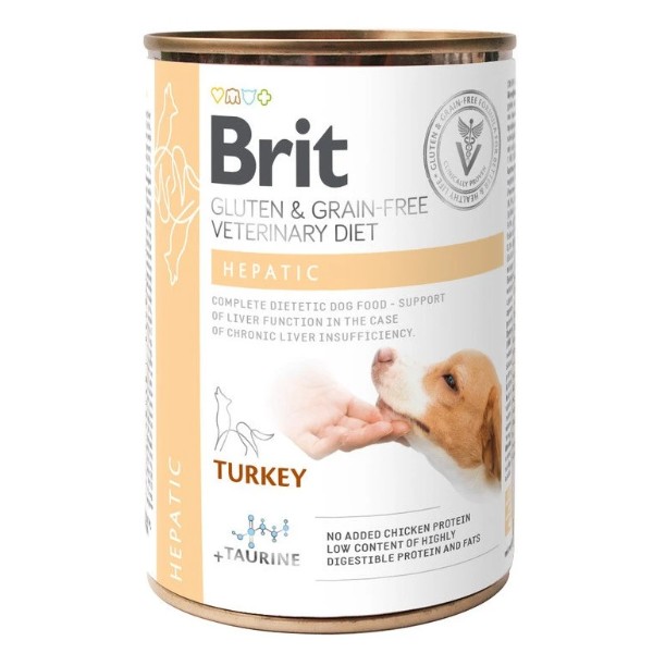 Фото - Влажный корм для собак Brit VetDiets Grain Free Hepatic для поддержания функций печени при печеночной недостаточности с индейкой горохом 400 г (8595602536030)