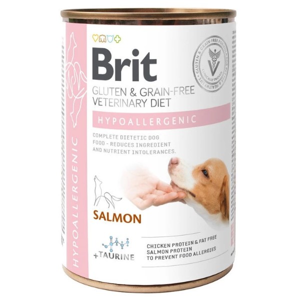 Фото - Вологий корм для собак Brit VetDiets Grain Free Hypoallergenic із харчовою алергією або непереносимістю з лососем та зеленим горошком 400 г (8595602535903)