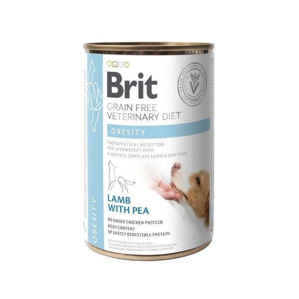 Фото - Вологий корм для собак Brit VetDiets Grain Free Obesity при ожирінні та надмірній вазі з ягням та зеленим горошком 400 г (8595602536115)
