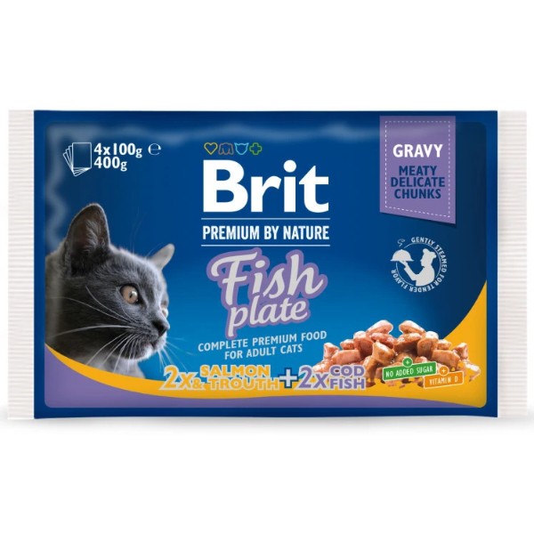 Фото - Набор влажного корма для кошек Brit Premium Cat Fish Plate pouches паучей для кошек рыбная тарелка с треской, лососем и форелью 100 г х 4 шт. (8595602506248)