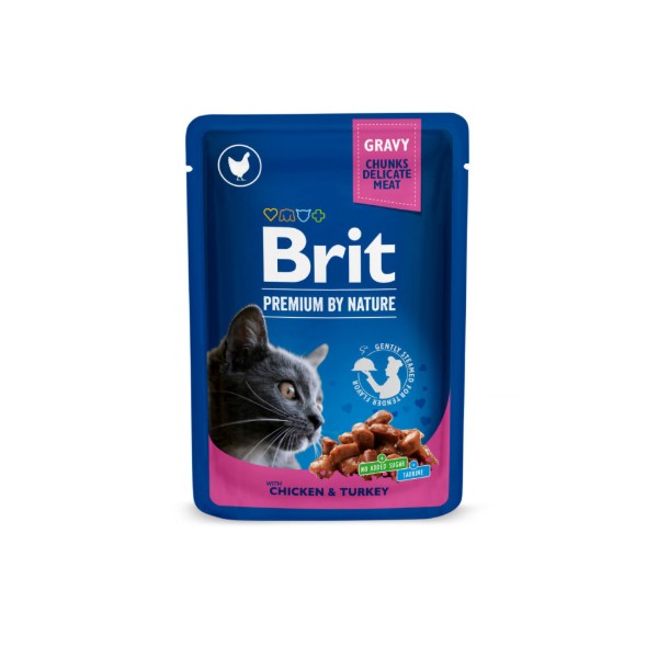 Фото - Вологий корм для котів Brit Premium Cat Meat Plate pouches курка та індичка з тушкованою яловичиною та горохом 4 шт. (8595602506262)