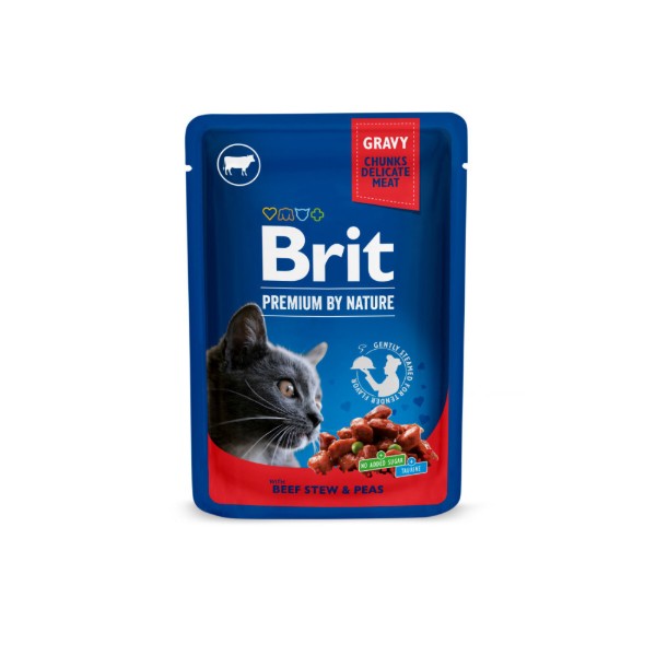 Фото - Вологий корм для котів Brit Premium Cat Meat Plate pouches курка та індичка з тушкованою яловичиною та горохом 4 шт. (8595602506262)