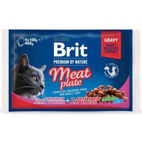 Фото - Вологий корм для котів Brit Premium Cat Meat Plate pouches курка та індичка з тушкованою яловичиною та горохом 4 шт. (8595602506262)