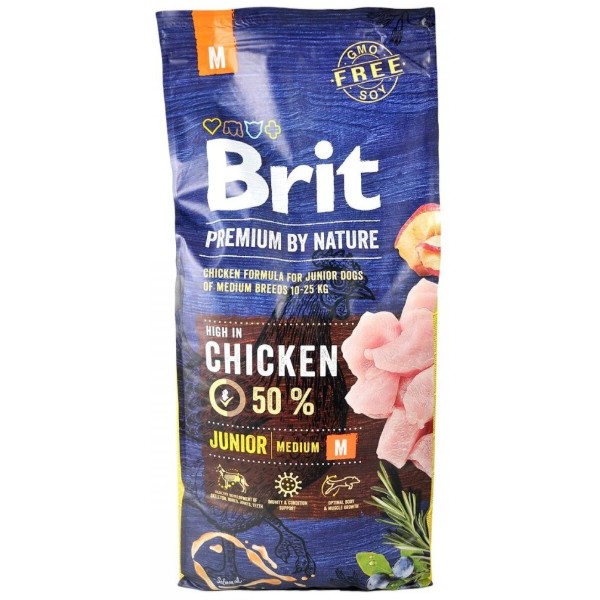 Фото - Сухой корм для собак Brit Premium Dog Junior M для щенков и средних пород от 1 до 12 месяцев с курицей 15 кг (8595602526338)