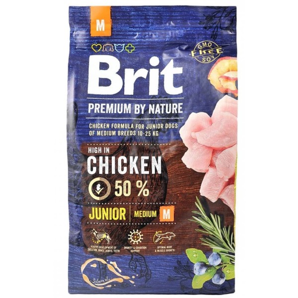 Фото - Сухой корм для собак Brit Premium Dog Junior M для щенков и средних пород от 1 до 12 месяцев с курицей 3 кг (8595602526321)