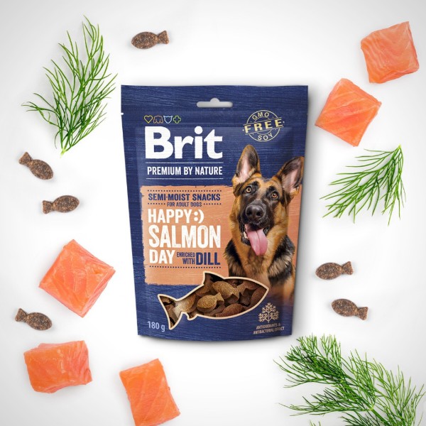 Фото - Ласощі для собак Brit Premium Semi-moist Snacks Salmon with Dill напіввологі з лососем і кропом 180г (8595602573936)