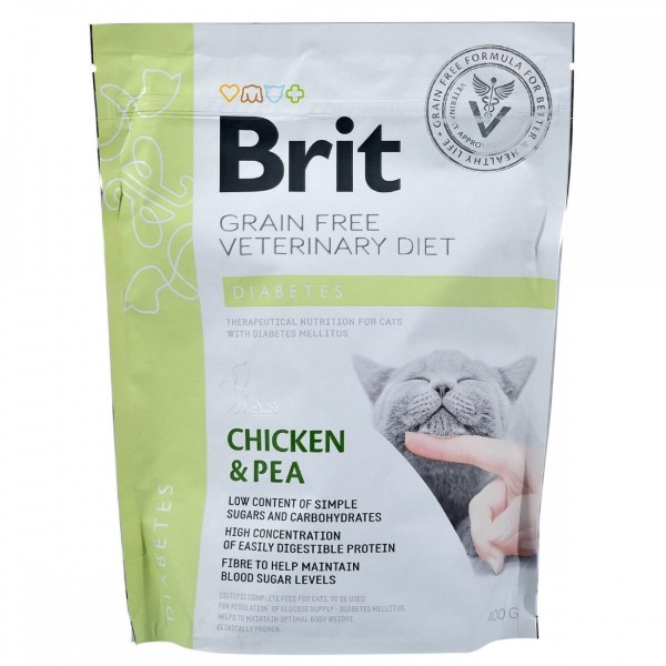 Фото - Сухий корм Brit VetDiets GF для кішок дорослих при діабеті і гіперглікемії c куркою та горохом 400 г (8595602528530)