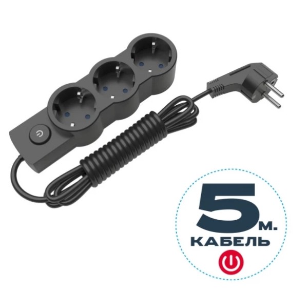Фото - Подовжувач 220В Electrum 3 р 5 м з вимикачем Black (C-ES-1546)