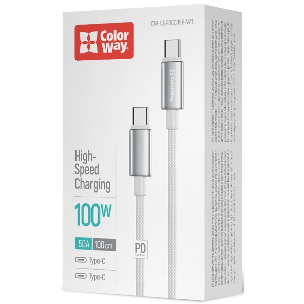 Фото - Кабель Colorway Type-C - Type-C (zinc alloy braided) (PD Fast Charging 100W) 5А 1м White (CW-CBPDCC098-WT)