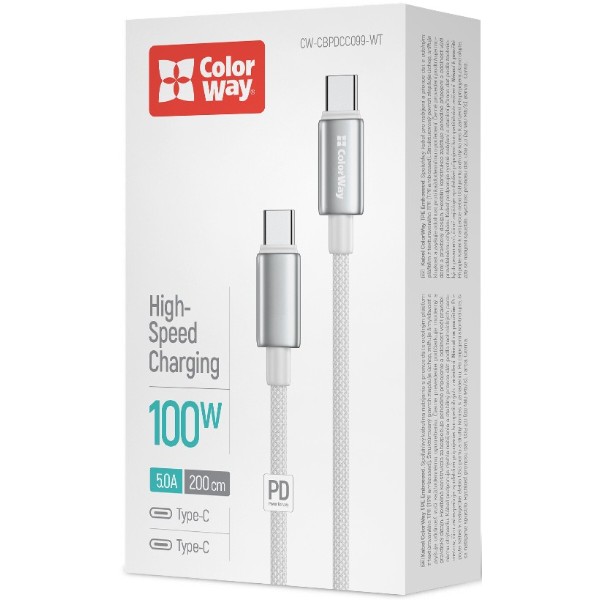 Фото - Кабель Colorway Type-C - Type-C (zinc alloy braided) (PD Fast Charging 100W) 5А 2м White (CW-CBPDCC099-WT)