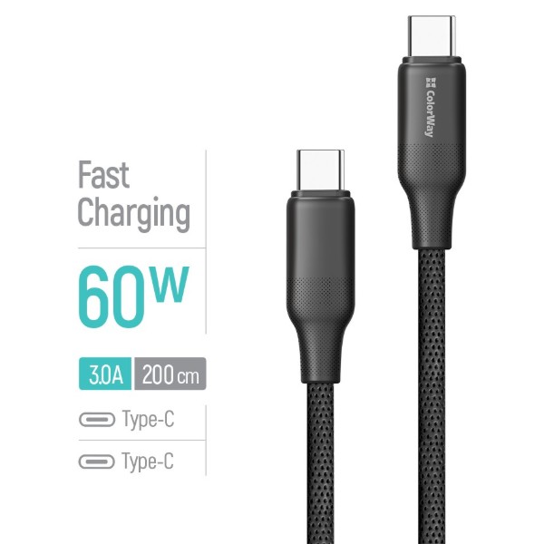 Фото - Кабель Colorway Type-C - Type-C (TPE embossed) (PD Fast Charging 60W) 3А 2м Black (CW-CBPDCC102-BK)