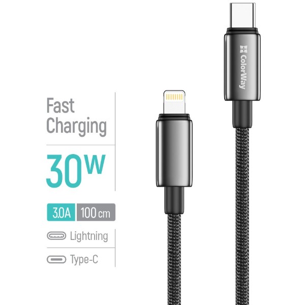 Фото - Кабель Colorway Type-C - Apple Lightning (zinc alloy braided) (PD Fast Charging 30W) 1м Black (CW-CBPDCL098-BK)