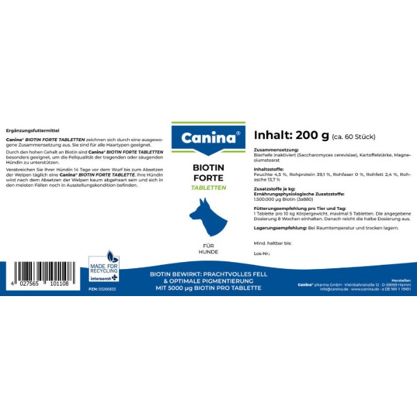 Фото - Витамины для собак Canina Biotin Forte Tabletten Биотин интенсивный курс для шерсти 200 г 60 табл. (4027565101108)