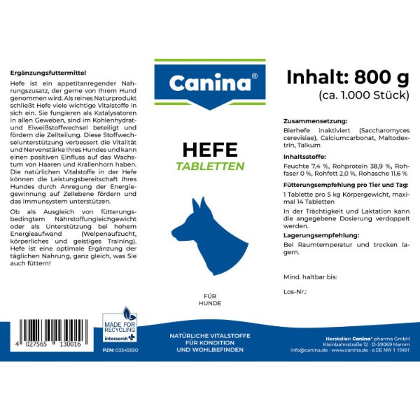 Фото - Витаминная добавка для собак Canina Hefe 800 г 992 табл. комплекс с энзимами и аминокислотами (4027565130016)