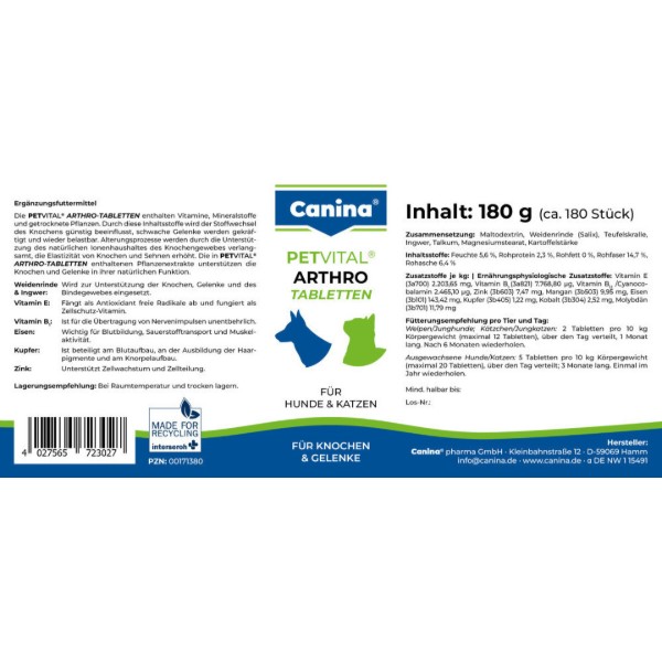 Фото - Витаминная добавка для собак Canina PETVITAL Arthro-Tabl. 180 шт. для суставов (4027565723027)