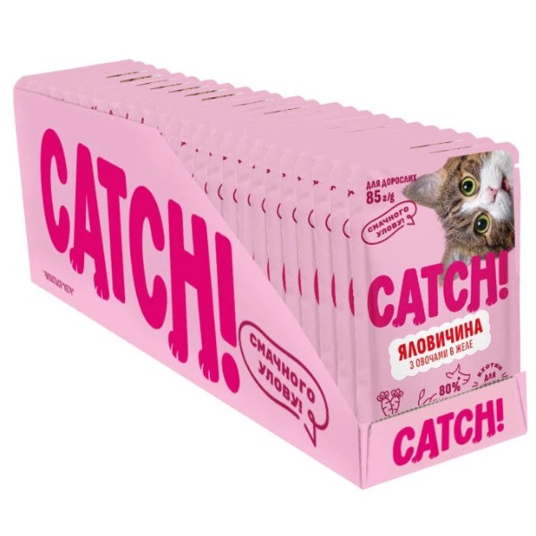Фото - Набор влажного корма для кошек Catch! с говядиной и овощами в желе 24 шт х 85г (2700000067000)